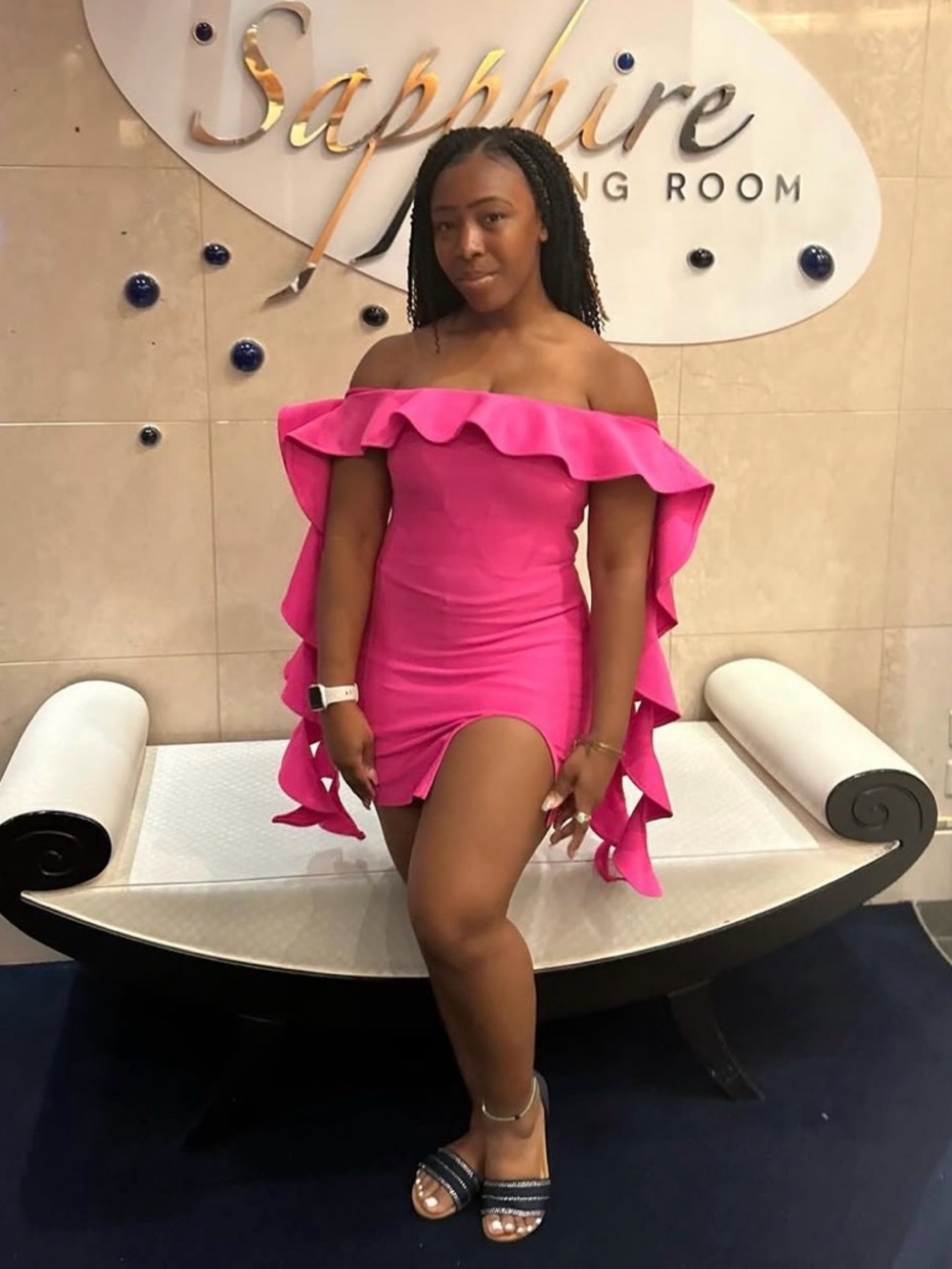 Off-Shoulder Hot Pink Ruffle Mini Dress - Picture 2 of 2